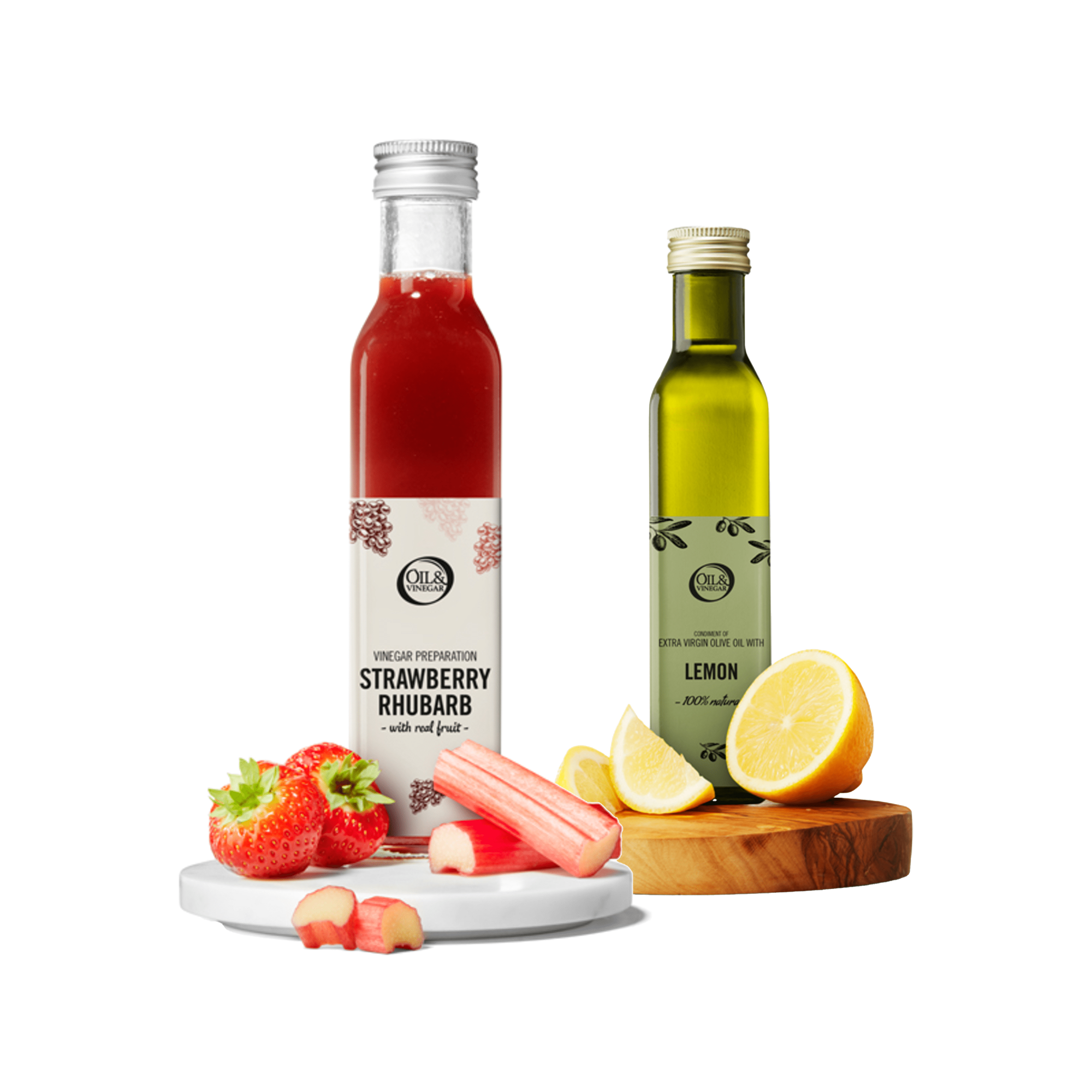 Vinaigre fraise-rhubarbe &amp; Huile d'olive extra vierge au citron - 2x250ml