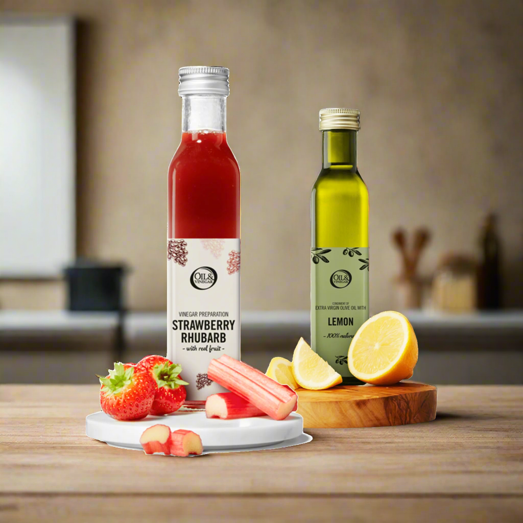 Vinaigre fraise-rhubarbe &amp; Huile d'olive extra vierge au citron - 2x250ml