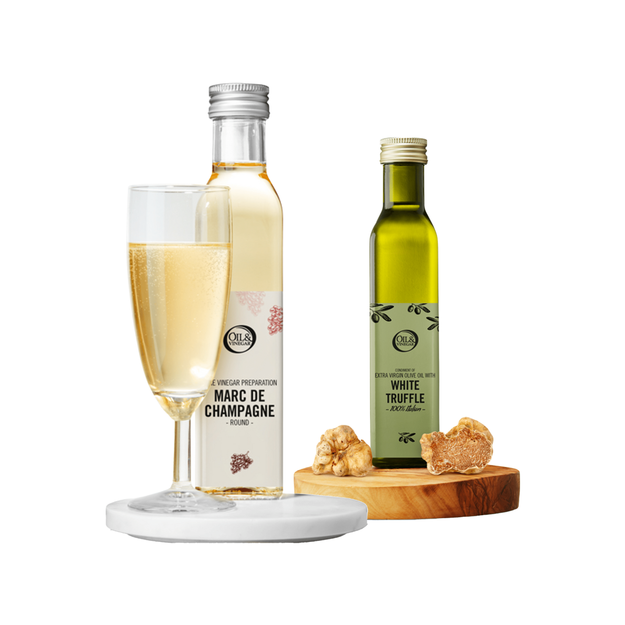 Vinaigre de Marc de champagne &amp; Huile d'olive extra vierge à la truffe blanche - 2x250ml